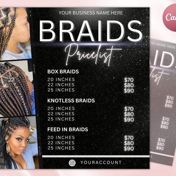 Braids Price List Flyer Templates | Beauty Salon Hair Stylist Pricing DIY Bundle Makeup MUA Design Boutique Social Media Editable Canva