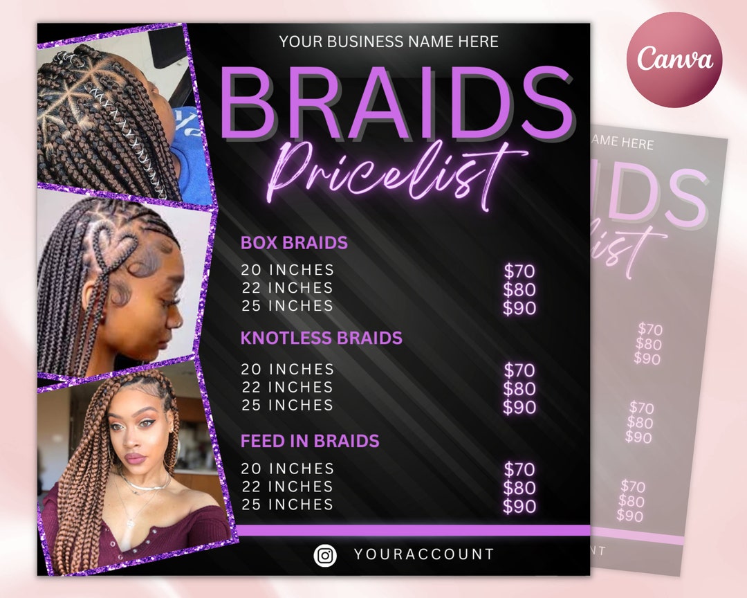 Braids Price List Flyer Templates Beauty Salon Hair Stylist Pricing DIY Braids Price List Flyer Templates Beauty Salon Hair Stylist Pricing DIY