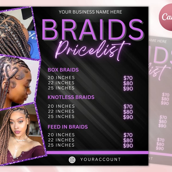 Braids Price List Flyer Templates | Beauty Salon Hair Stylist Pricing DIY Bundle Makeup MUA Design Boutique Social Media Editable Canva