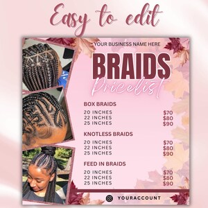 Fall Braids Price List Flyer Template, Braids Price List Flyer, Braids ...
