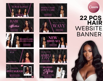 DIY Hair Website Banner Kit | Shopify Hair Extensions | Wig Boutique Store Design| Website Design Templates Set | Canva | Retail Store