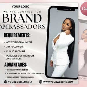 DIY Brand Ambassador Flyer, Ambassador Wanted, Social Media Flyer, Bookings Open, Hair, Lashes, Nails, Editable Canva Template