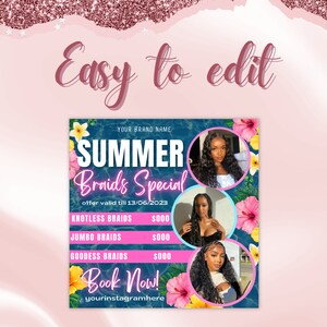 Summer Braid Sale Flyer, Summer Sale Flyer, Braid Prices Flyer, Braids Sale Flyer, Hair Flyer, Lashes Flyer, Braids Special Flyer Template Copy