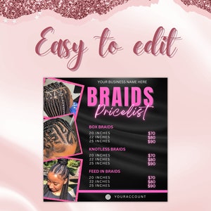 Może przedstawiać: Czarno-r&oacute;żowa lista cen dla warkoczy w r&oacute;żnych stylach i długościach. Ceny są podane w euro. Tekst brzmi "BRAIDS Pricelist" i zawiera następujące style: Box Braids, Knotless Braids i Feed In Braids. Lista cen zawiera r&oacute;wnież następujące długości: 20 cali, 22 cali i 25 cali.