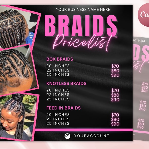Braids Price List Flyer Templates | Beauty Salon Hair Stylist Pricing DIY Bundle Makeup MUA Design Boutique Social Media Editable Canva