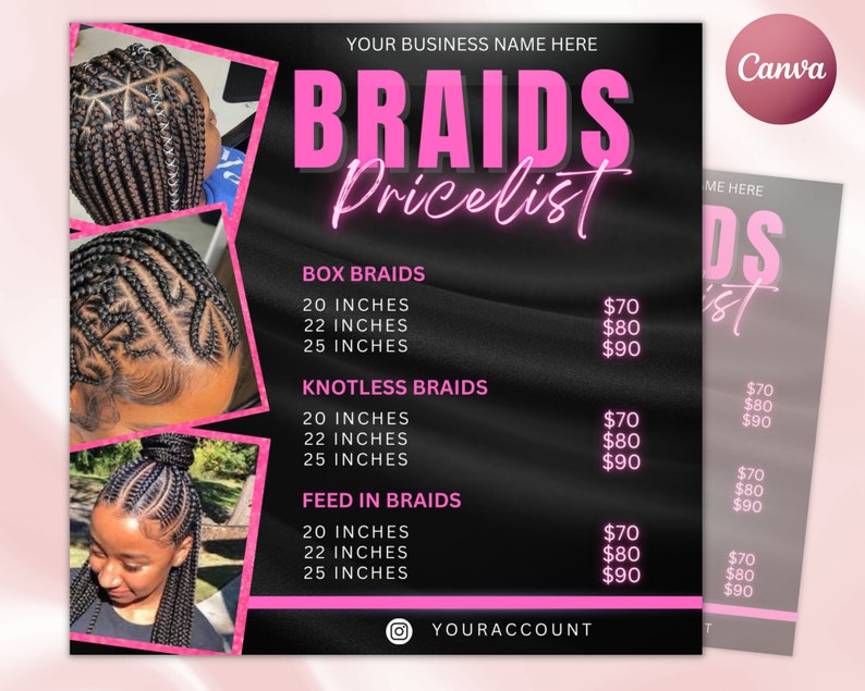 Braids Price List Flyer Templates | Beauty Salon Hair Stylist Pricing DIY Bundle Makeup MUA Design Boutique Social Media Editable Canva