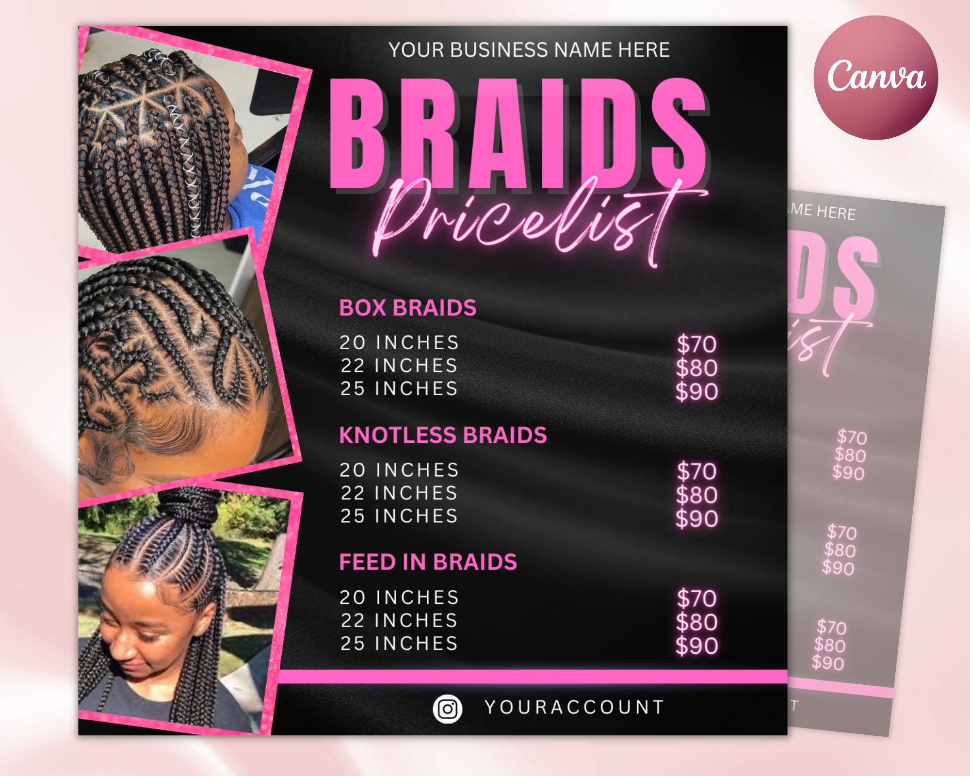 Braids Price List Flyer Templates Beauty Salon Hair Stylist Etsy