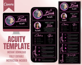 Può includere: Un modello di marketing digitale nero e rosa per un'attività di trecce. Il modello include un logo, informazioni di contatto, orari di apertura e una sezione per la prenotazione degli appuntamenti. Il testo sul modello recita "Braids by Sophie", "Incontra la tua trecciatrice", "Contattaci", "Orari", "Politiche" e "Informazioni da sapere".