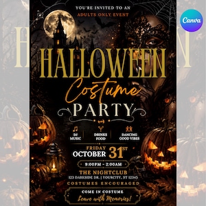 May include: A Halloween costume party flyer featuring a dark castle, a full moon, and glowing jack-o'-lanterns. Text includes: YOU'RE INVITED TO AN ADULTS ONLY EVENT, HALLOWEEN COSTUME PARTY, FRIDAY OCTOBER 31ST, 9:00PM - 2:00AM, THE NIGHTCLUB, 123 DARKSIDE DR.