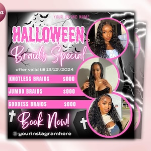 Puede incluir: Un folleto rosa y negro con temática de Halloween que anuncia trenzas. El folleto presenta un fondo negro con texto rosa y rayos. El texto dice "Halloween Braids Special" y "oferta válida hasta el 13/12/2024". El folleto también enumera los precios de las trenzas sin nudos, las trenzas jumbo y las trenzas de diosa. El folleto incluye el texto "¡Reserva ahora!" y un identificador de redes sociales.