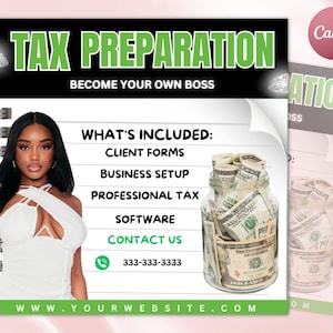 Tax Prep Season Flyer DIY Business Taxes Consultation Boss Taxation Audit Marketing Service Social Media Instagram Canva Editable Template