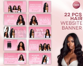 DIY Pink Hair Website Banner Kit | Shopify Hair Extensions | Wig Boutique Store Design| Website Design Templates Set | Canva | Retail Store