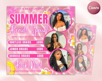 Summer Braid Sale Flyer, Summer Sale Flyer, Braid Prices Flyer, Braids Sale Flyer, Hair Flyer, Lashes Flyer, Braids Special Flyer Template