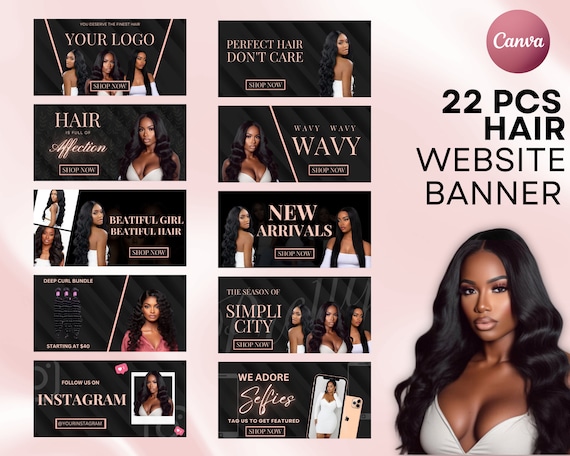 DIY Hair Website Banner Kit | Shopify Hair Extensions | Wig Boutique Store Design| Website Design Templates Set | Canva | Retail Store