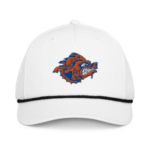 May include: White baseball cap with a black rope detail and a stylized orange and blue embroidered bear graphic on the front. The cap has a curved brim and a structured fit, suitable for casual wear.