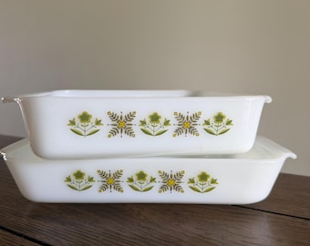 Vintage Fire-King Meadow Green Milk Glass Baking Dish 1.5 Qt Casserole And Loaf