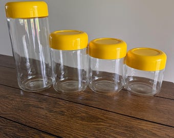 1970s Heller Designs Massimo Vignelli Glass Canisters, Set of 4 Yellow Lid MCM