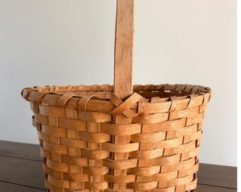 Antique Woven Split Wood Basket Handle Large Brown Rustic Farmhouse Gathering