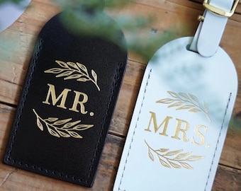 Mr & Mrs Luggage Tags,Mrs White Luggage Tag with Gold Writing, Mr Black Luggage Tag with Gold Writing, Newlywed bride groom travel Gift