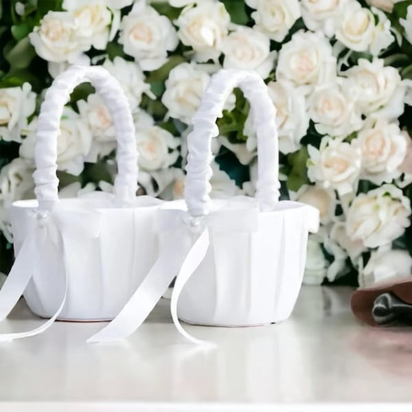 Flower Girl Basket, Silk Wedding Basket, Kids Wedding Basket, Ceremony, Wedding Accessories, Ivory, White, Flower Girl, Pageboy