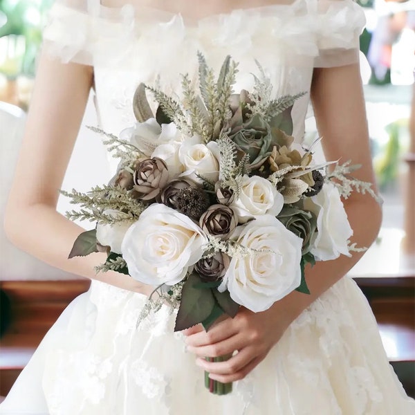 Bouquet de fleurs de mariage, fleurs de mariage naturelles, bouquet de demoiselle d'honneur, roses blanches, roses naturelles, fleurs en soie artificielle, bouquet Boho