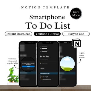 Könnte beinhalten: Ein Smartphone-Bildschirm zeigt eine To-Do-Listen-Vorlage in der Notion-App. Die Vorlage ist anpassbar mit persönlichen Alltagsgewohnheiten. Der Bildschirm ist im Dunkelmodus und verfügt über einen Abschnitt "Tag/Monat/Jahr" mit Kontrollkästchen für Aufgaben. Das Bild zeigt auch einen "NEU"-Notion-Button.