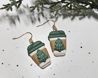 Christmas Tree Coffee Cup Earrings Polymer Clay Handmade Jewelry