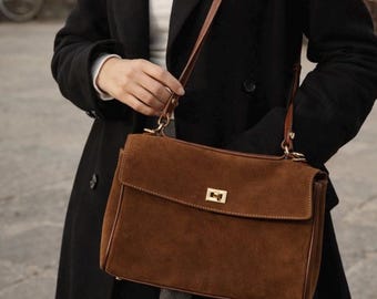 Suede Leather Shoulder Bag for Women, Handmade Italian Bag with Handles, Elegant Work Tote, Gift for Her