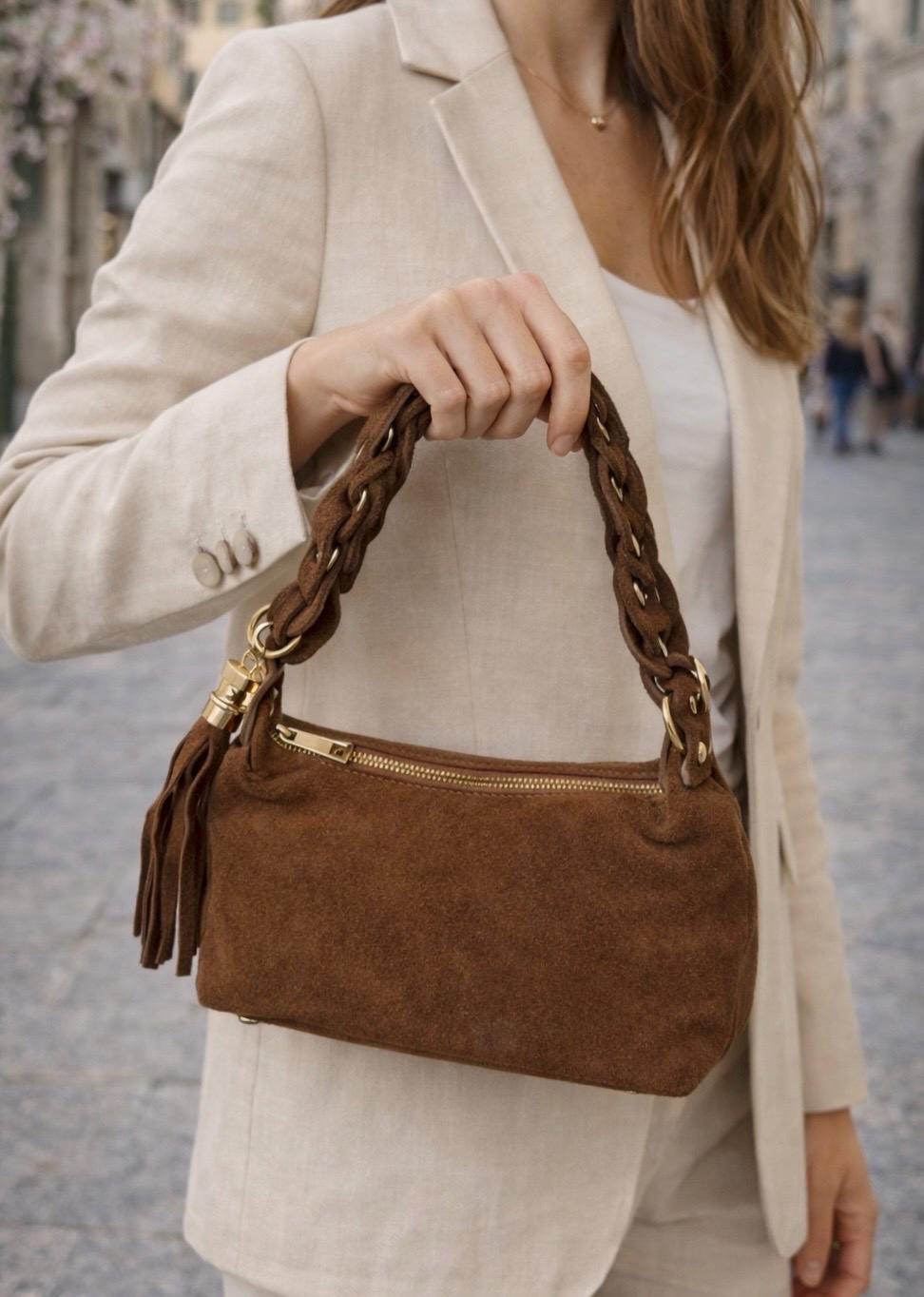 Pochette Da Sera In Pelle Scamosciata E Velluto Con Catena, Donna, Elegante
