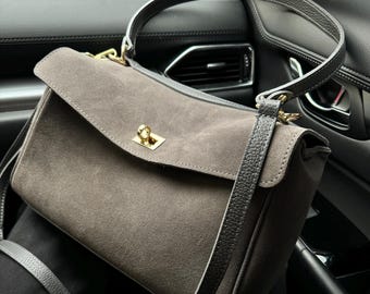 Borsa in Vera Pelle e Camoscio Made in Italy - Elegante Borsa a Tracolla Donna con Manici e Tasca Interna, Perfetta per Lavoro e Tempo Liber