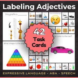 May include: A set of 42 educational task cards titled Labeling Adjectives, Expressive Language, ABA, Speech. The cards feature various illustrations including a giraffe, a pink car, a rainbow triangle toy, emojis, and objects with questions.