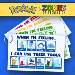 Op de afbeelding: Educatieve kaarten met Pokémon-personages en de zin "Zones of Regulation". De kaarten tonen emoties zoals "verdrietig", "ziek" en "verveeld", met coping-strategieën zoals "een koud drankje nemen".