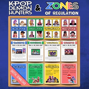 Op de afbeelding: Een kleurrijk educatief bord met de titel "K-POP Demon Hunters & Zones of Regulation". Het bevat illustraties van verschillende emoties, gecategoriseerd in Blauwe, Groene, Gele en Rode Zones. Het bord bevat tekst en afbeeldingen om elke zone uit te leggen en gevoelens te beheren.