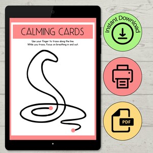 May include: A digital tablet displays a "CALMING CARDS" printable. The white page features a black line drawing and instructions. Icons for instant download, printing, and PDF format are visible.
