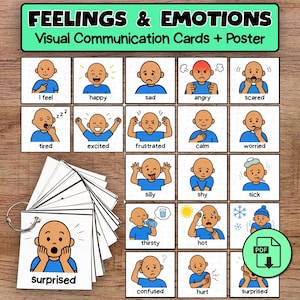 Puede incluir: Un conjunto de tarjetas de comunicación visual y un póster de Feelings & Emotions con ilustraciones de dibujos animados de una persona con camisa azul expresando estados como feliz, triste, enojado, asustado, cansado, emocionado, frustrado, tranquilo, preocupado, tonto, tímido, enfermo, sediento, caliente, confundido, herido y sorprendido.
