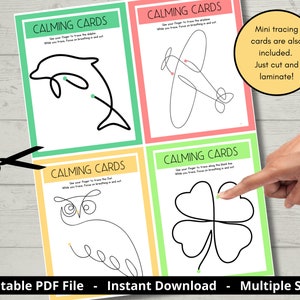 May include: Four printable "Calming Cards" with line drawings of a dolphin, airplane, owl, and four-leaf clover. Each card has a colored border and instructions. Text includes "Mini tracing cards are also included. Just cut and laminate!"