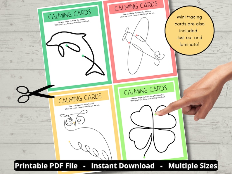 May include: Four printable "Calming Cards" with line drawings of a dolphin, airplane, owl, and four-leaf clover. Each card has a colored border and instructions. Text includes "Mini tracing cards are also included. Just cut and laminate!"