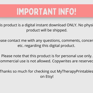 May include: A digital instant download notice with the text "IMPORTANT INFO!" in a pink banner. The text explains the product is a digital download, for personal use only, and contact information.