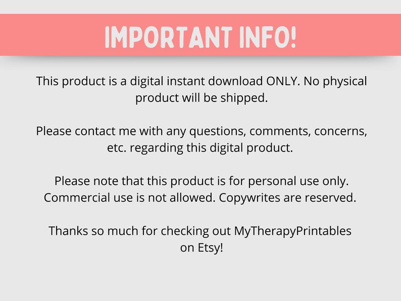 May include: A digital instant download notice with the text "IMPORTANT INFO!" in a pink banner. The text explains the product is a digital download, for personal use only, and contact information.