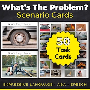 May include: A set of 50 What's The Problem? Scenario Cards for expressive language and speech therapy. The cards feature various photographs depicting everyday problems, such as a flat tire, a fallen bicycle, and spilled ice cream.