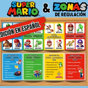 May include: A colorful chart with Super Mario characters and text in Spanish. The chart is divided into four sections, each with a different color and a different character. The sections are labeled "Zona Azul", "Zona Verde", "Zona Amarilla", and "Zona Roja". Each section has a list of actions to take when feeling a certain emotion.