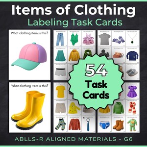 Może przedstawiać: Zestaw 54 kart edukacyjnych zatytułowanych Items of Clothing Labeling Task Cards oraz ABLLS-R ALIGNED MATERIALS - G6. Karty przedstawiają różne elementy odzieży, takie jak różowo-fioletowa czapka z daszkiem, żółte kalosze i inne ubrania.
