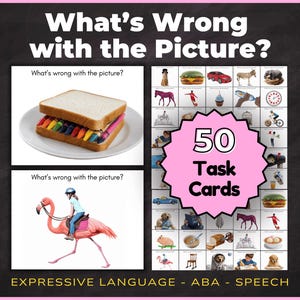 Könnte beinhalten: Ein Set aus 50 Aufgabenkarten mit dem Titel What's Wrong with the Picture? mit pädagogischen Bildern. Beispiele sind ein mit bunten Buntstiften gefülltes Sandwich auf einem weißen Teller und eine Person auf einem rosa Flamingo, für Sprache und ABA.