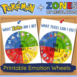 Op de afbeelding: Twee afdrukbare emotiewielen met Pokémon-personages en de Zones van Regulatie. Eén wiel vraagt: "In welke zone zit ik?" en de andere vraagt: "Welke tools kan ik gebruiken?" De wielen zijn vastgemaakt aan een prikbord.