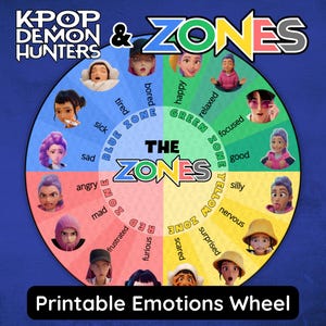 May include: A printable emotions wheel with a blue background. The wheel is divided into color-coded zones: blue, green, red, and yellow. Each zone features illustrated faces representing different emotions, such as happy, sad, and angry. Text at the top reads "K-POP DEMON HUNTERS & ZONES".