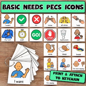 以下が含まれることがあります： 「欲しい」「はい」「いいえ」など、基本的なニーズに対応するPECS（Picture Exchange Communication System）アイコンのセット。画像には、金属リングが付いたカードの束と「PRINT & ATTACH TO KEYCHAIN」というテキストも表示されています。