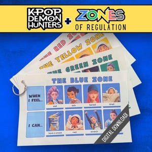 May include: A set of educational cards with the text "K-POP DEMON HUNTERS + ZONES OF REGULATION". Each card features illustrations and text describing different emotional zones: red, yellow, green, and blue. The cards are held together by a metal ring.