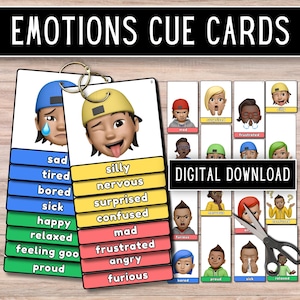 Pode incluir: Cartões de dicas educacionais com rostos de emoji representando emoções. Os cartões são rotulados com palavras como "triste", "tolo" e "zangado". As palavras "Emotions Cue Cards" e "Digital Download" também são visíveis.