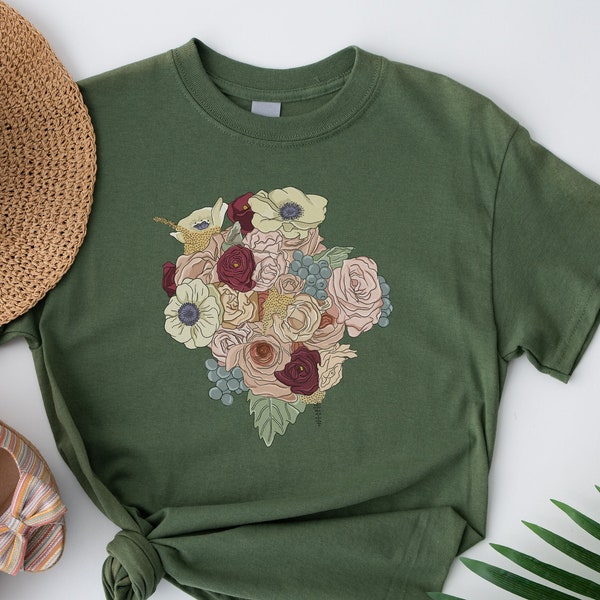 Autumn Colors Floral Tshirt Warm Blossom Print Top For Fall Rustic Flower Design Tee Autumnal Botanical Graphic Nature Inspired Fall Shirt