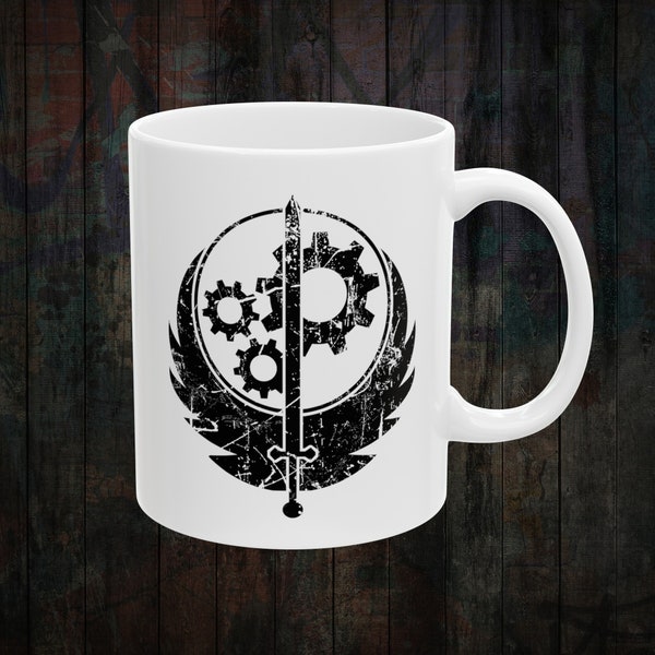 Fallout Mug, Brotherhood Of Steel Merch, 11oz and 15oz For TV Series Fans, Gifts For Gamers Merch, Vintage Look, Worn Graphic, Subtle Design